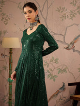 Women Emerald Green Sequins Sweetheart Neck Anarkali Kurta-SHKUR00452